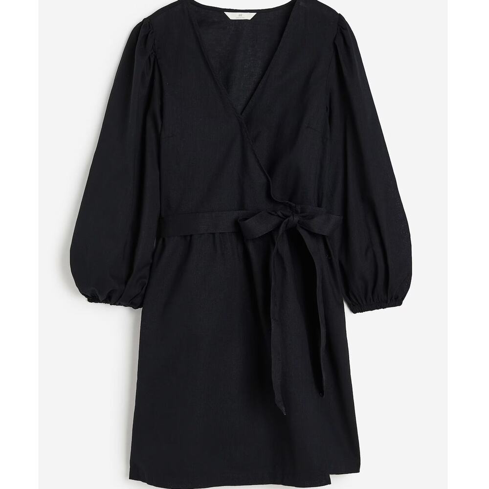 H&M NWT Linen/Cotton Balloon Sleeve Plunge Neck Wrap Breathable Dress XXL